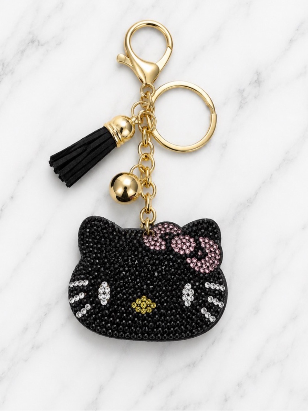 Black Rhinestone Hello Kitty Bag Charm/Keyring with Tassel-Gold Hardware